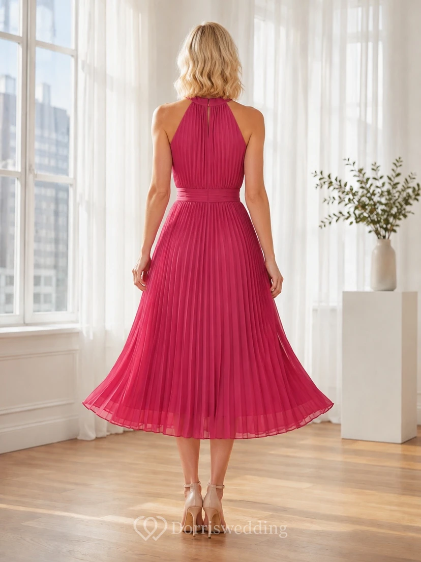 Fuchsia Halter Pleated Chiffon Elegant Midi Occasion Dress view 2