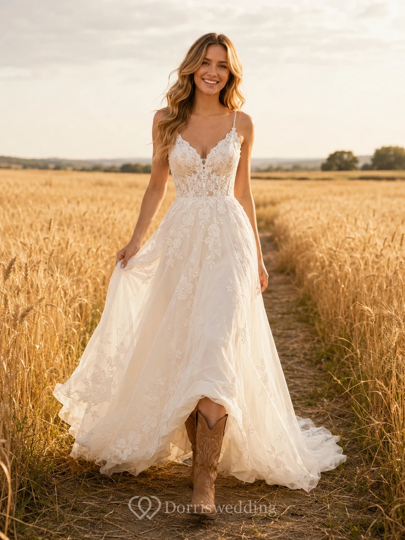 Robe de mariée de maternité épaules dénudées, manches longues en dentelle, coupe trapèze avec traîne