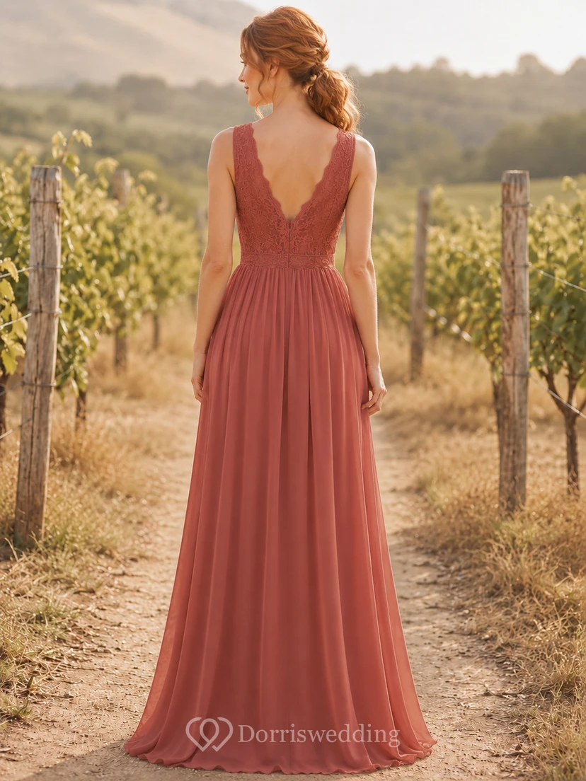 Terracotta V neck lace bodice chiffon floor bridesmaid dress view 2