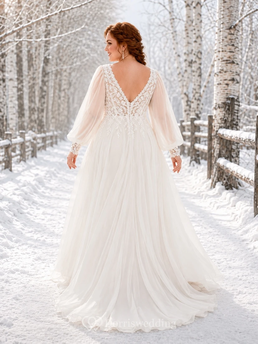 Plus Size Langarm-Chiffon-A-Linien-Winter-Hochzeitskleid im Boho-Stil mit V-Ausschnitt view 2