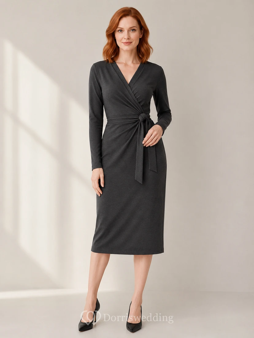 Robe crayon midi cache-cœur à manches longues et col en V gris anthracite