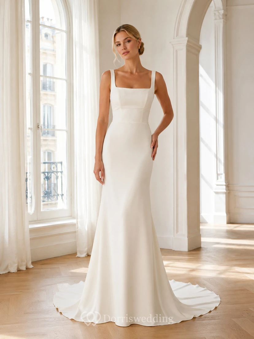Vestido de novia clásico de satén con escote cuadrado, sin mangas, corte recto y cola corta, ideal para ceremonias minimalistas.