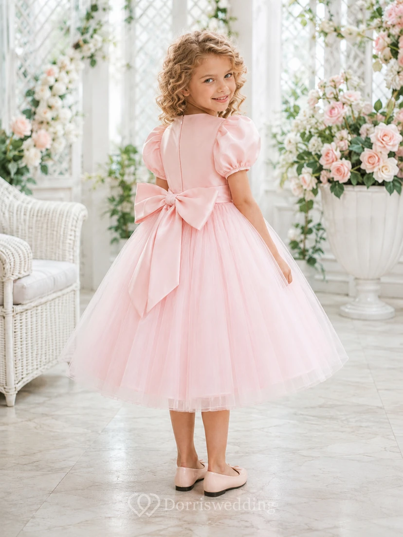 Pastel Pink Flower Girl Dress Tea-Length Tulle Ball Gown Puff Sleeve Satin Bow view 2