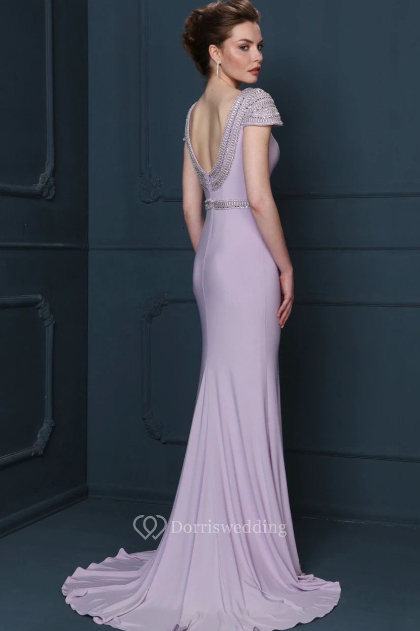 Sheath Beaded Floor-Length Jewel-Neck Cap-Sleeve Jersey Evening Dress With Waist Jewellery view 2