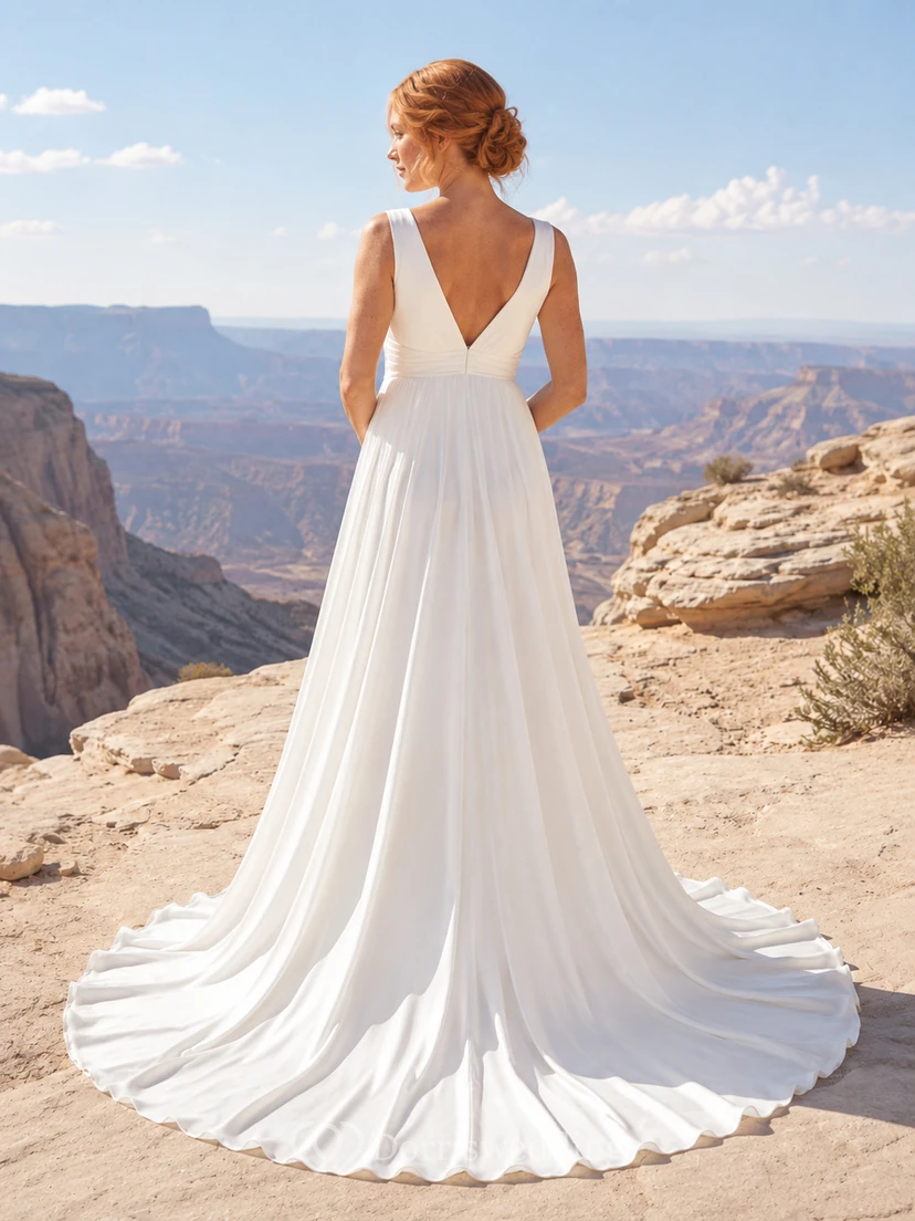Maternity Wedding Dress V-Neck Sleeveless Satin Destination Bridal Gown with Court Train view 2