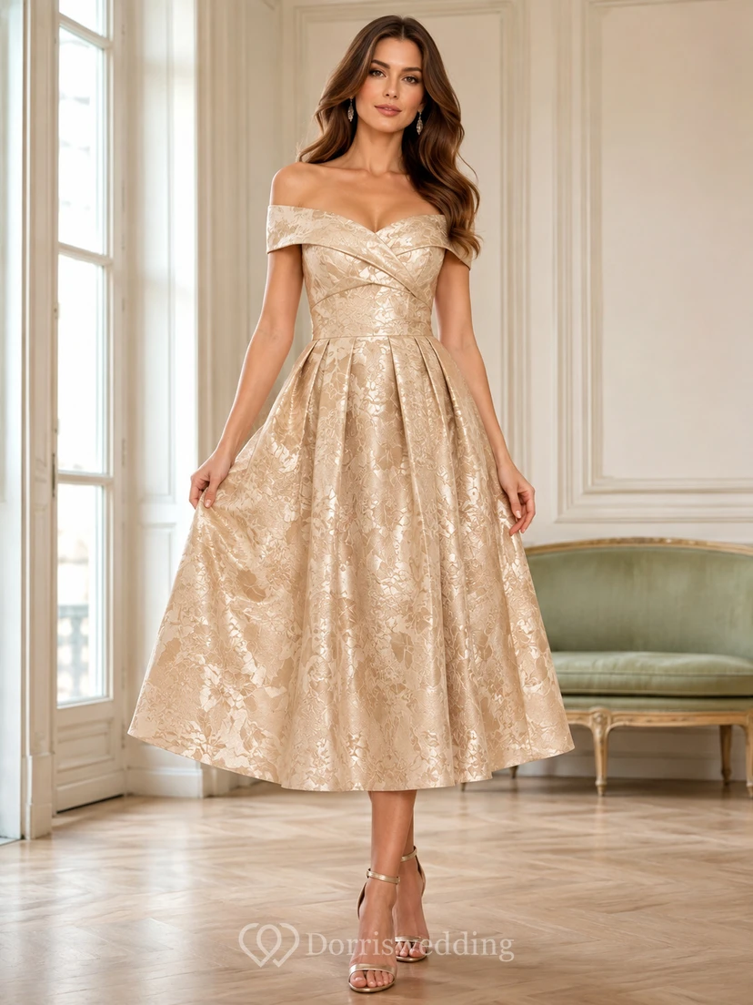 Vestido de invitada Cerimonia Champagne con escote corazón, hombros descubiertos, jacquard tafetán, pliegues, corte en A, largo hasta la rodilla.