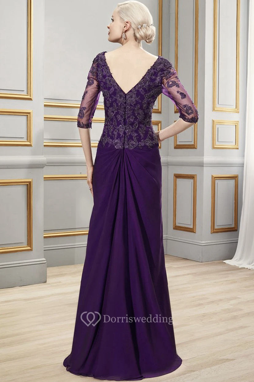 Floor-Length V-Neck Half Sleeve Appliqued Chiffon Formal Dress With Draping view 2