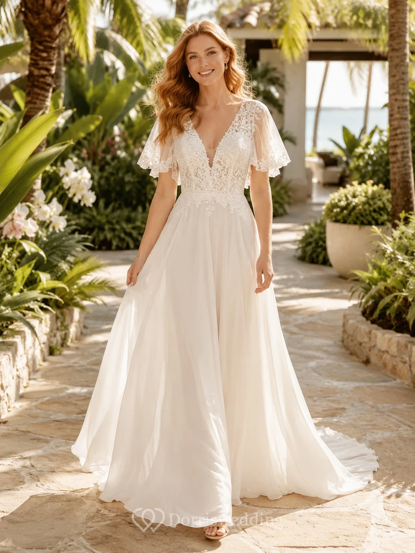 Beach Lace Tulle Wedding Dress A-Line V-Neck Cap Sleeve Sweep Train Bridal Gown