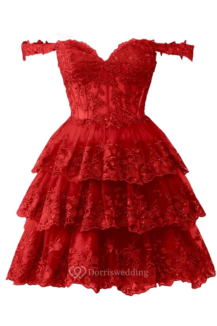Blue Off-the-Shoulder Short Dress with Lace view 23