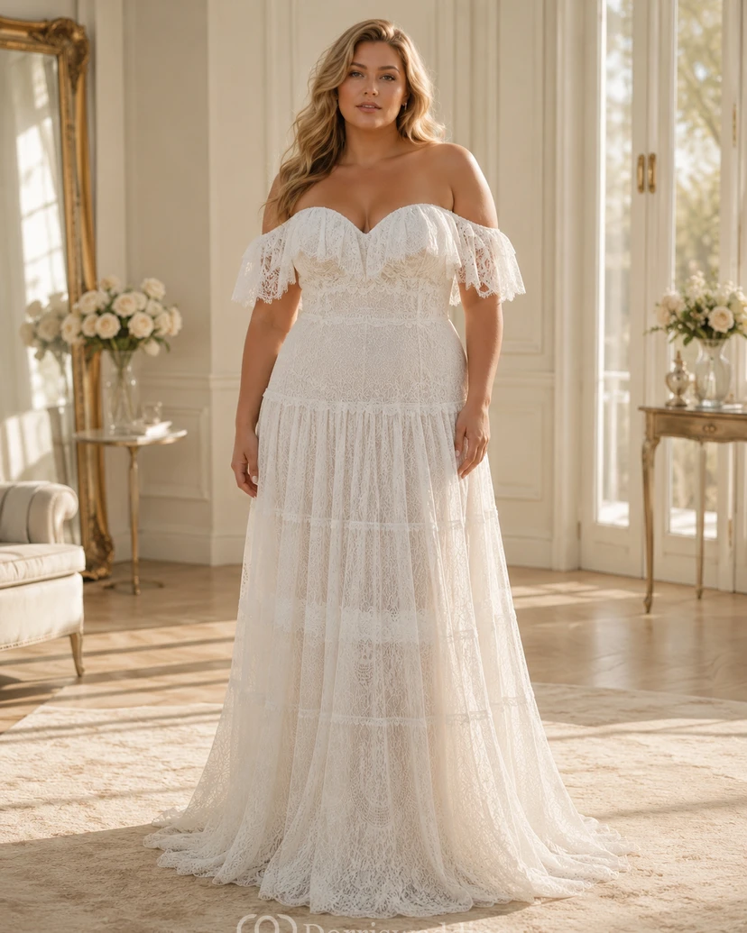 Boho Off-the-Shoulder Lace Vintage Wedding Dress with Layered Skirt view 4