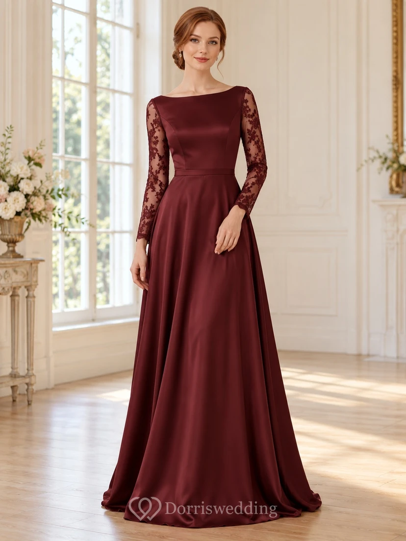 Vestido de dama de honor vintage de satén con encaje y escote barco, manga larga, color burdeos, estilo barco, corte A