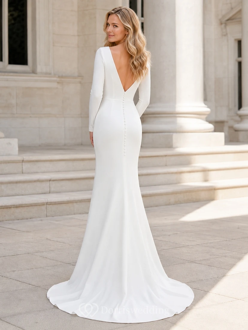 Modernes Etuikleid aus langärmeligem Jersey mit V-Ausschnitt, Stretch-Satin und bodenlangem Schnitt – perfekt für eine intime Hochzeit view 2