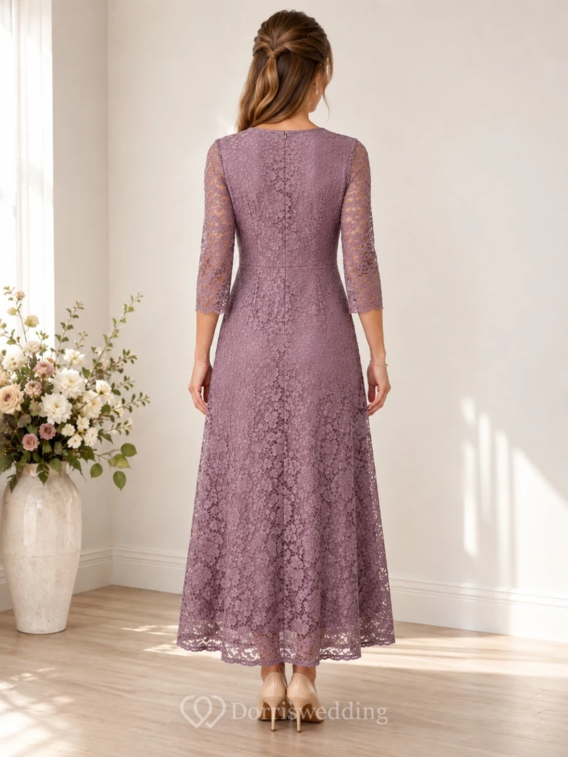 Modest Vintage Mauve Three-Quarter Sleeve Lace A-Line Floor-Length Formal Dress view 2