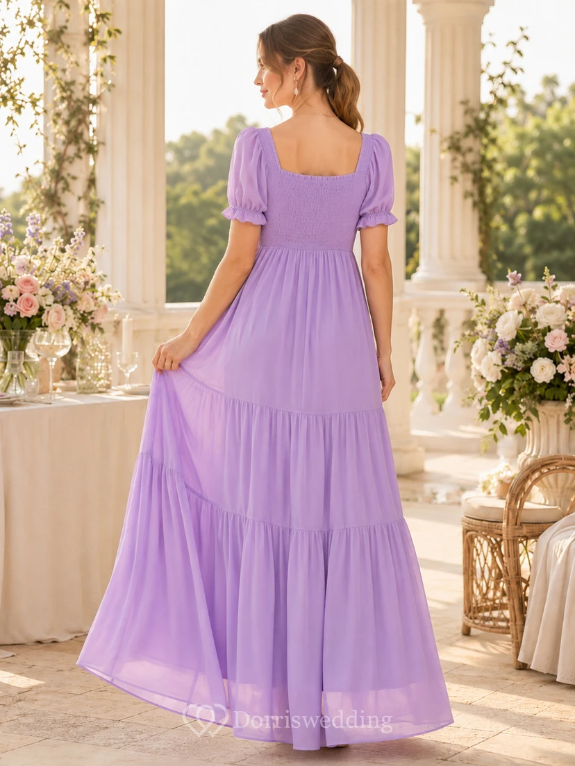Vestido largo de gasa escalonado de manga abullonada y cuello cuadrado, estilo romántico, para premamá, color lavanda. view 2