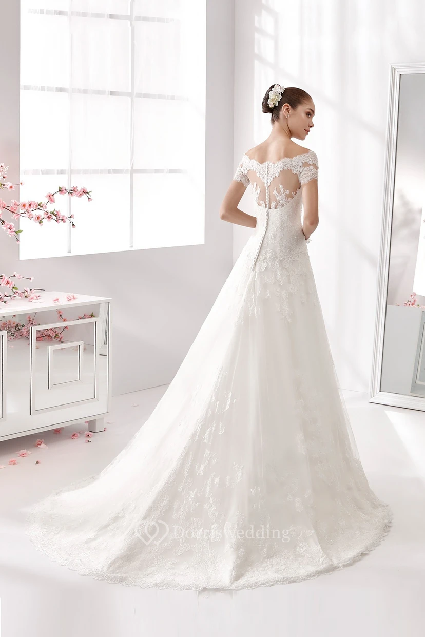 Off-shoulder A-line Wedding Dress with T-shirt Sleeves and Brush Train  view 2
