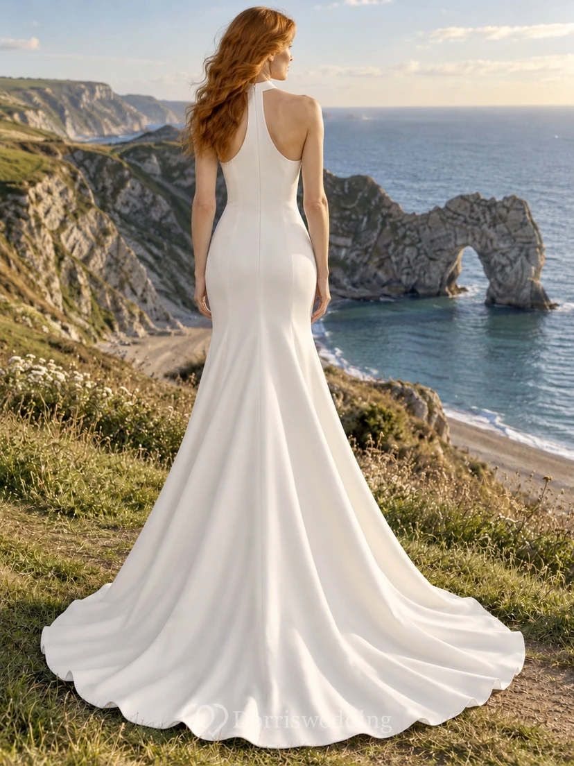 Vestido de novia sencillo de satén estilo duquesa, sin mangas, con escote halter y cola larga. view 2