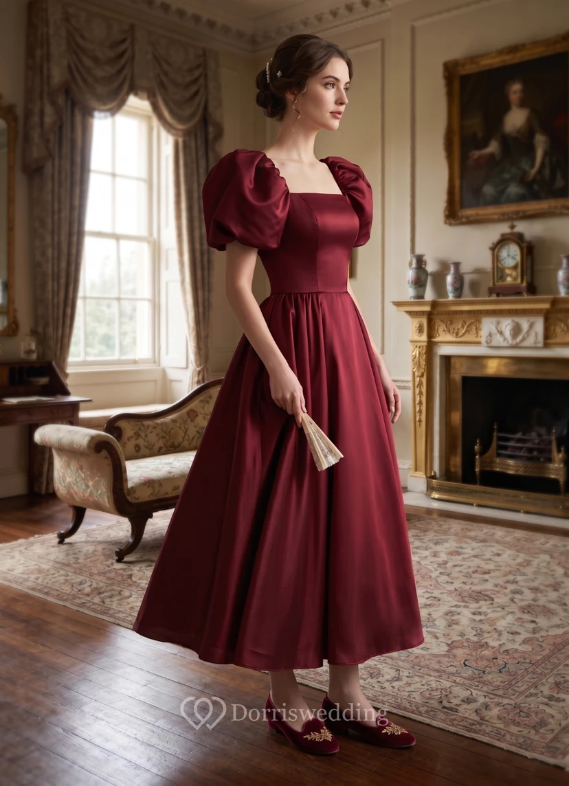 Puff-Sleeve Vintage Victorian A-line Dress | Regency Era Plus Size 1950s Bridesmaid Ball Gown | Modest Prom Wear