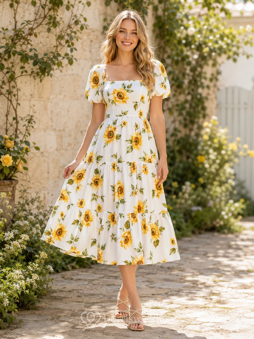 Sunflower Print Square Neck Puff Sleeve Summer Midi Dress