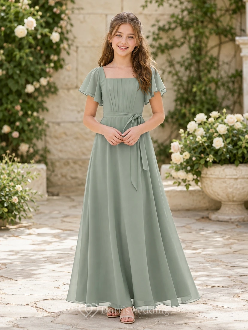 Celadonfarbenes Brautjungfernkleid für junge Damen, A-Linie, Rundhalsausschnitt, kurze Blütenblattärmel, Schärpe/Band, elegant, romantisch