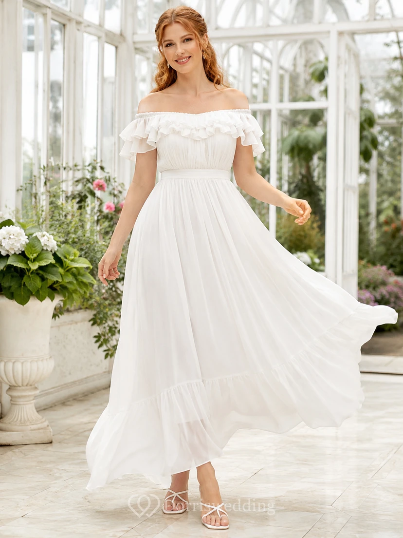 Shoreline Float White A-Line Ankle-Length Off-Shoulder Short-Sleeve Chiffon Bohemian Guest Dress