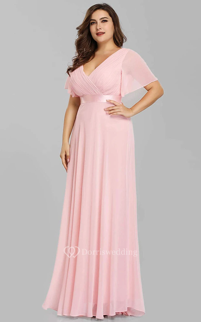 Romantic Chiffon V-neck Half Sleeve A Line Formal Dress With Criss Cross and Ruching view 15
