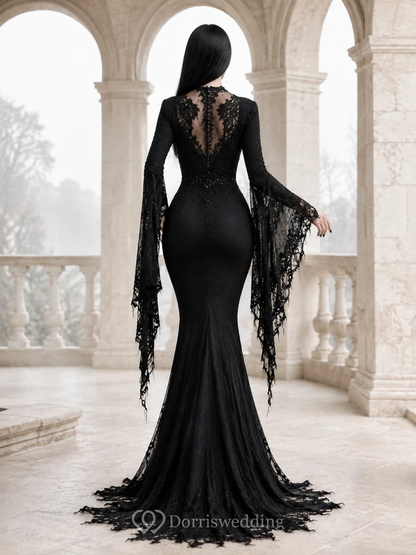Vintage Black Deep V Long Bell Sleeve Lace Mermaid Court Train Gothic Gown view 2