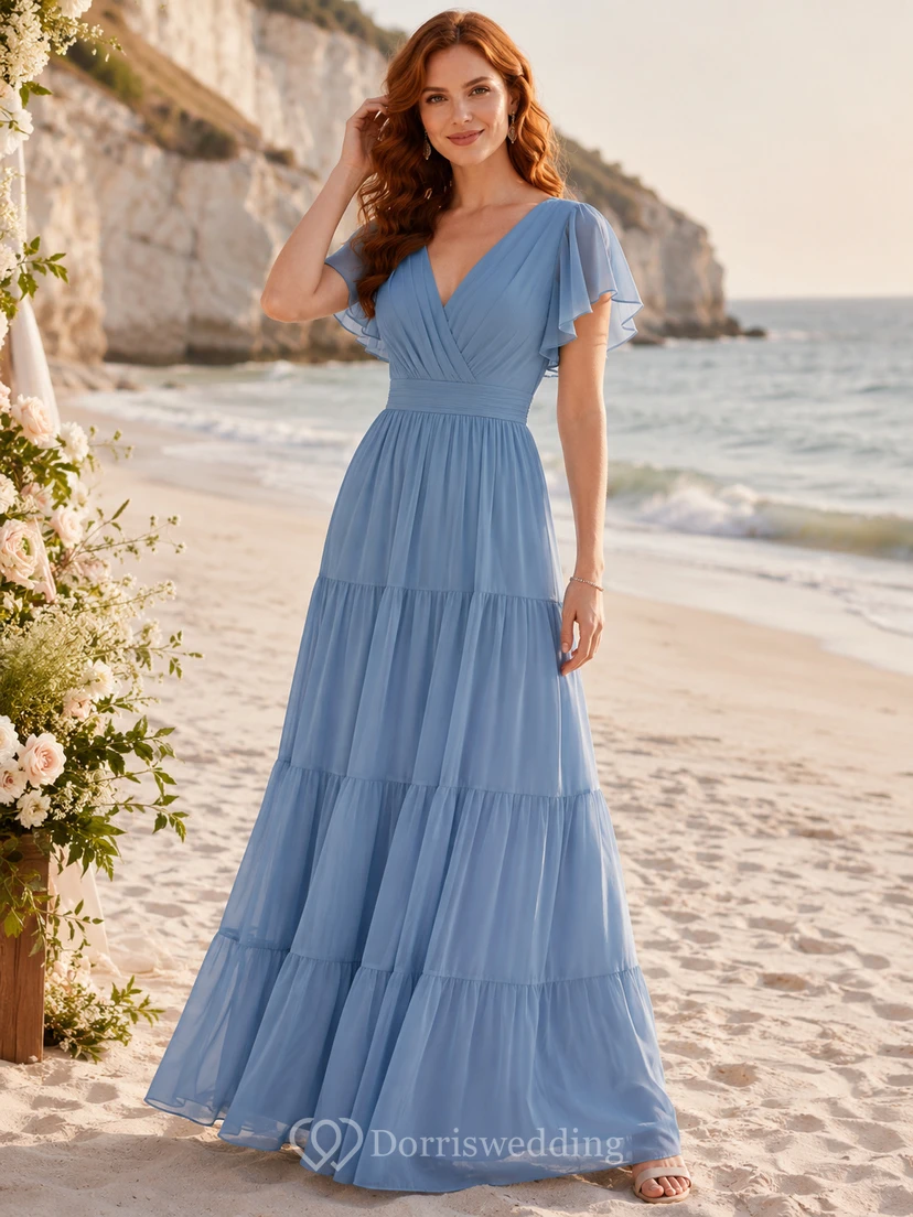 Blue V-neck flutter sleeve tiered chiffon maxi dress