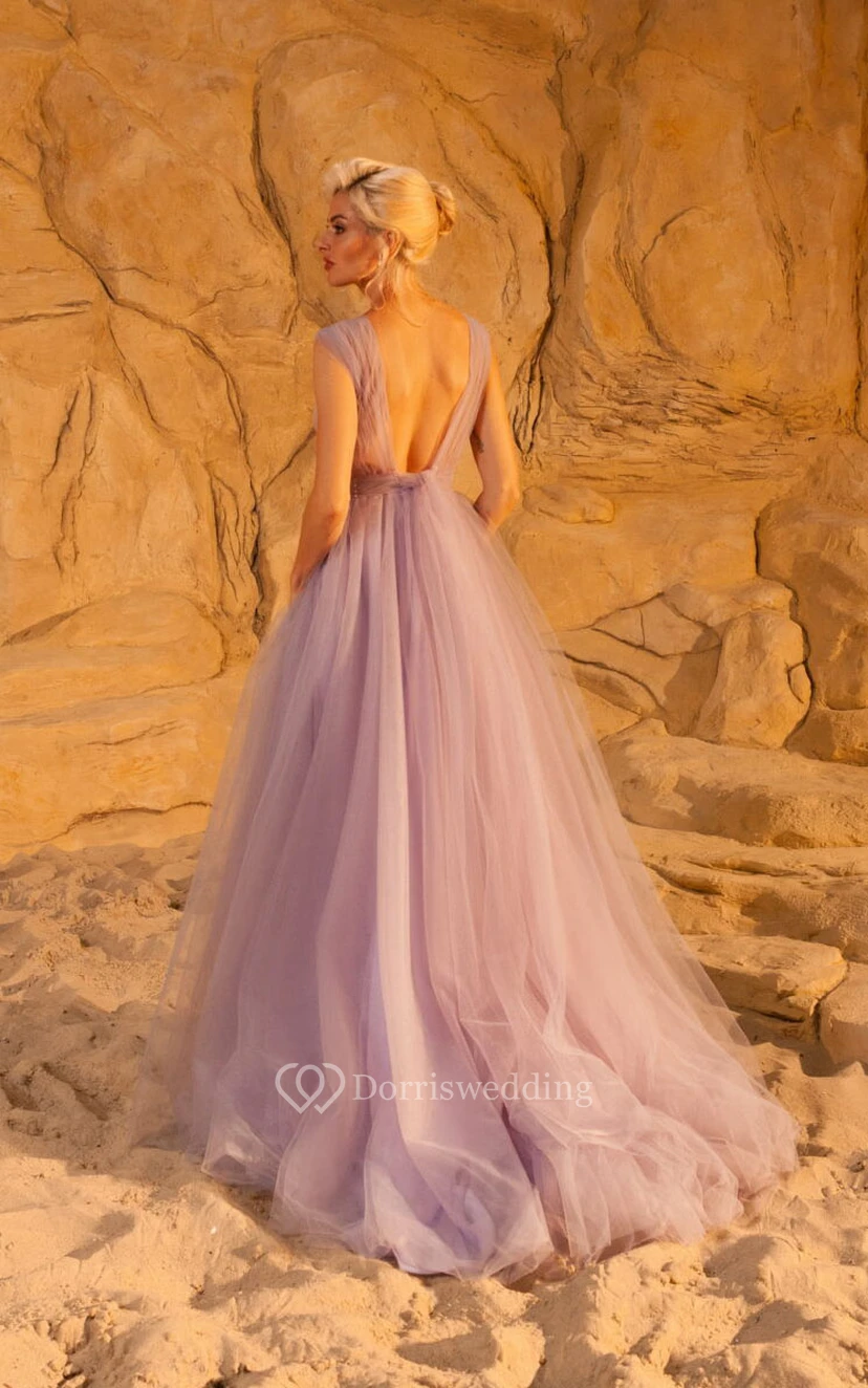 Chiffon-Abendkleid in Empire-Linie mit tiefem Ausschnitt, Falten, Schleife und tiefem V-Ausschnitt am Rücken view 6