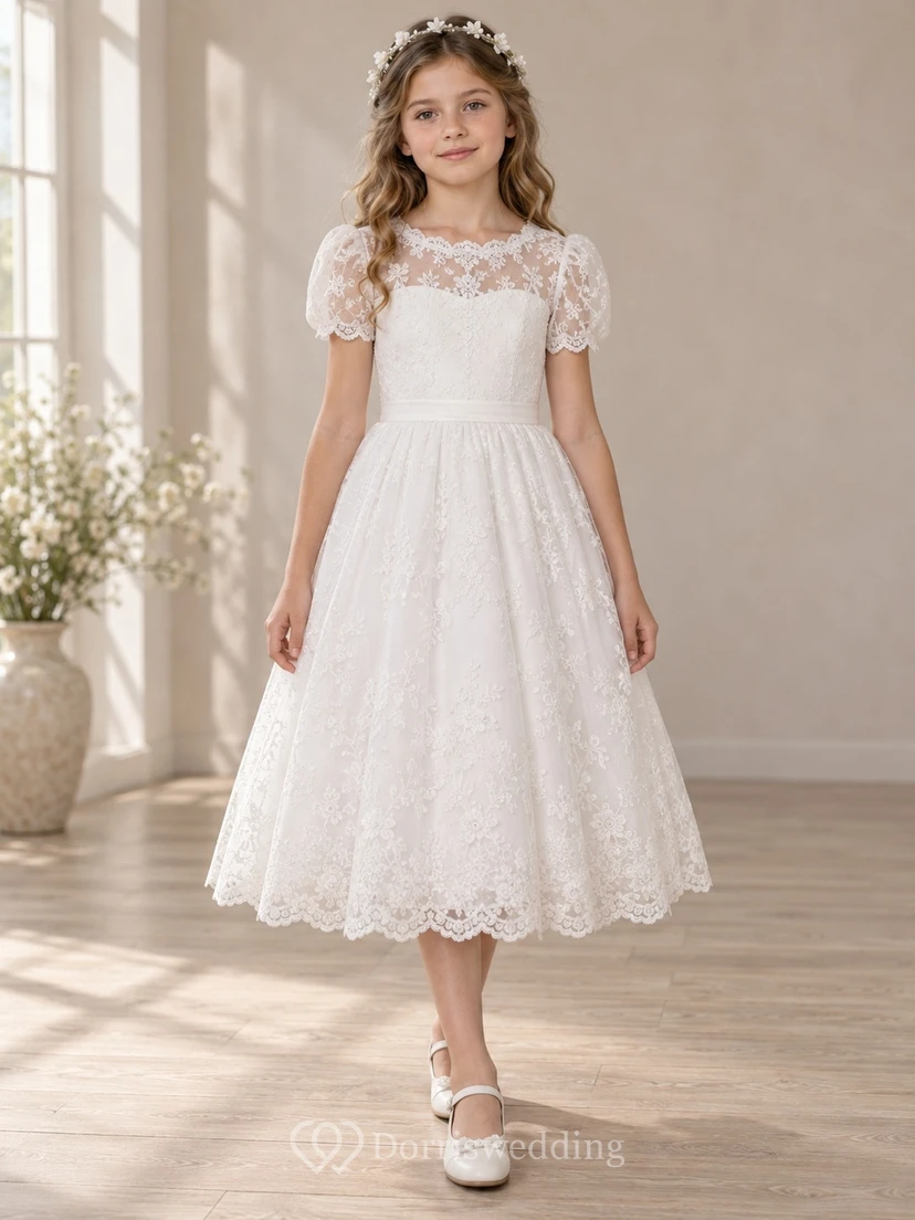 Modest White Tea-length Illusion Neck Short Sleeve Scalloped Lace Communion Dress