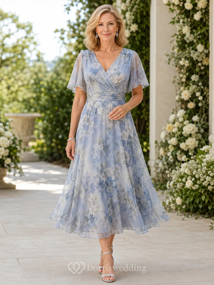 Steel Blue Floral V Neck Flutter Sleeve Chiffon Mother Dress