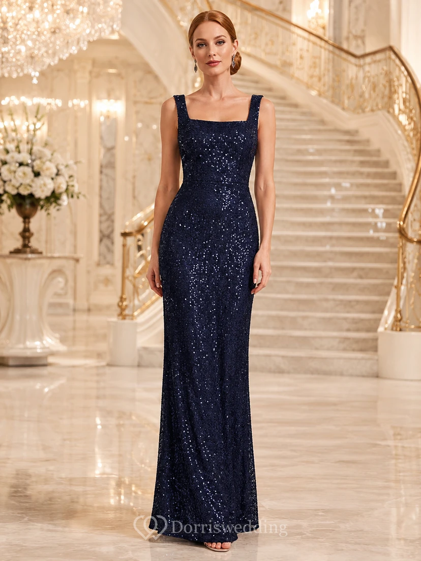 Dark Navy Ballroom Wedding Guest Evening Formal Dress Sheath Floor-Length Square Neck Sleeveless Sequin Zipper Back
