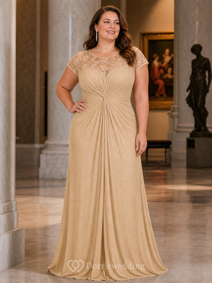 Robe longue à manches courtes froncée pour la mère de la mariée, avec encolure en dentelle illusion view 11