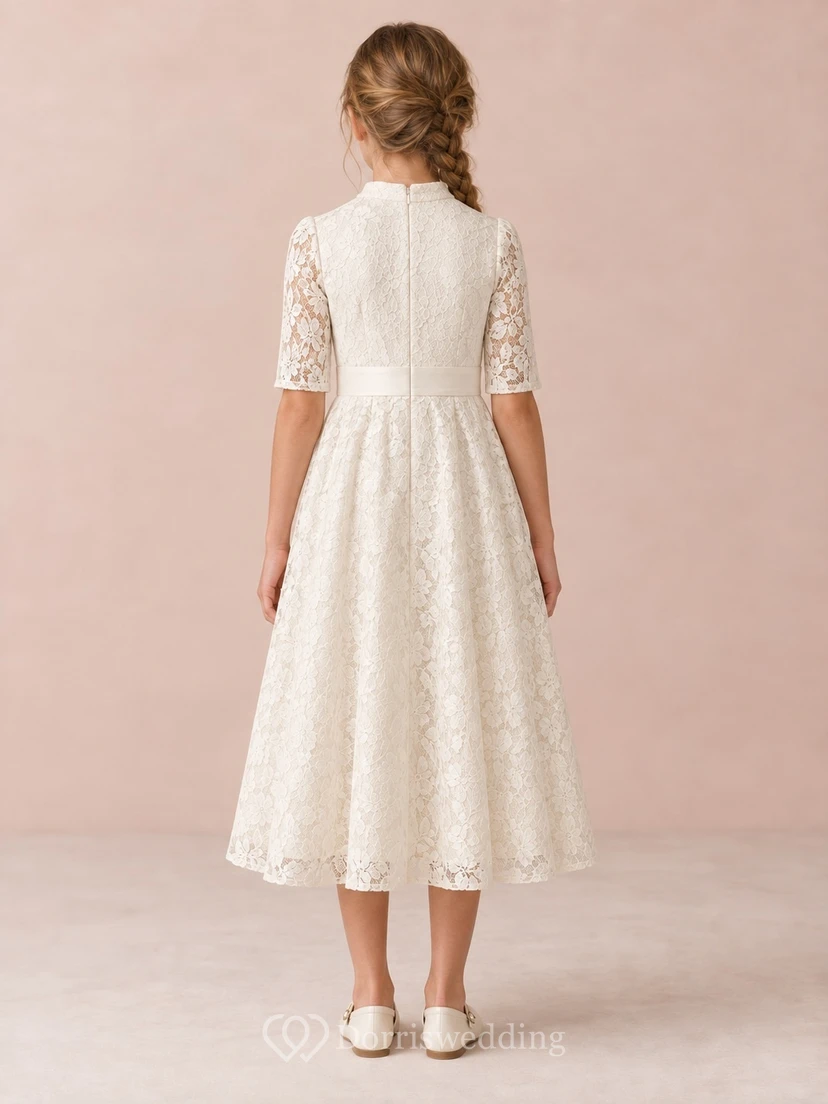 Schlichtes Vintage-Kleid in Elfenbein mit hohem Kragen, Teelänge, Ellbogenärmeln, transparenter Blattspitze, glattem Bündchen und A-Linien-Schnitt im Blumenmädchen-Stil view 2