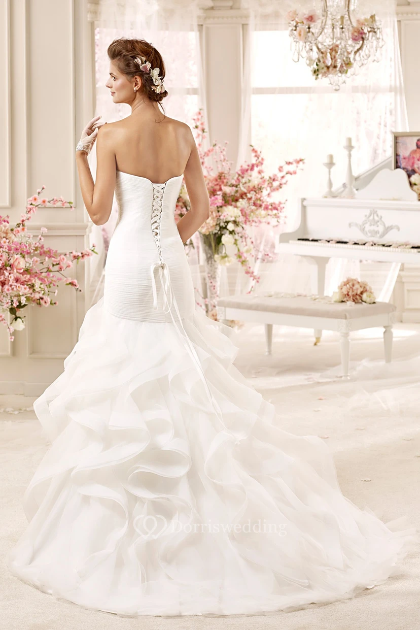 Sweetheart Sheath Pleated Wedding Dress with Cascading Ruffles and Lace-up Back view 2