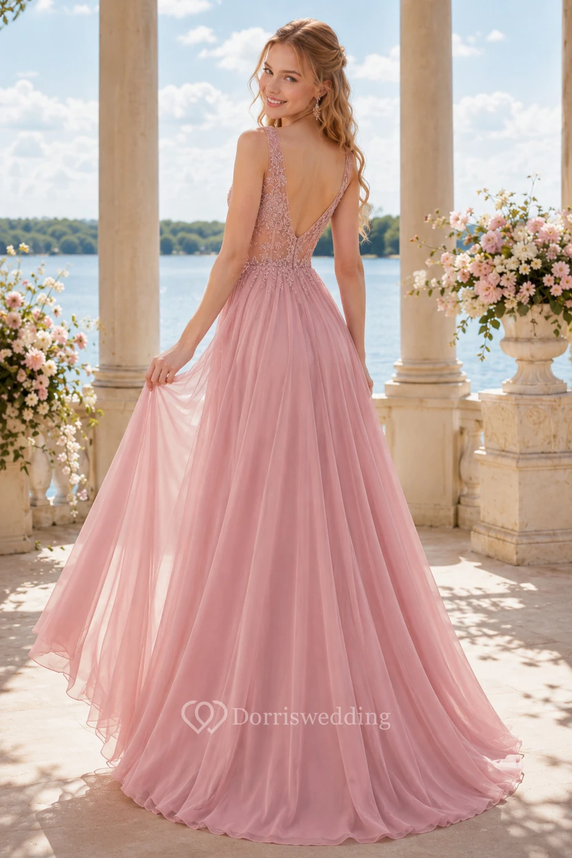Brautjungfernkleid aus Chiffon in A-Linie mit V-Ausschnitt in Altrosa und Spitzenoberteil für Brautjungfern, Hochzeitsgäste und formelle Empfänge view 2