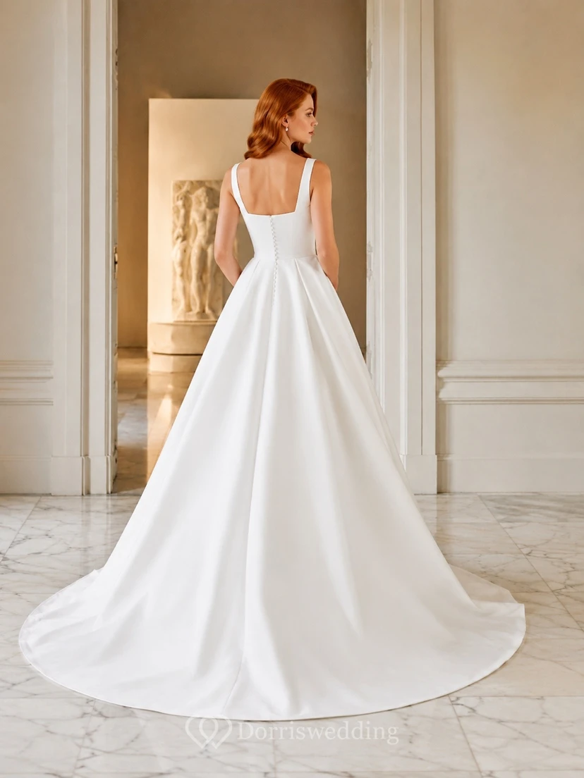 Vestido de novia elegante de satén con escote cuadrado, sin mangas, corte en A y cola catedral. view 2