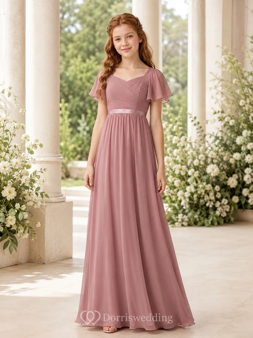 Vintage-Brautjungfernkleid in Mauve, A-Linie, Rundhalsausschnitt, kurze Ärmel, plissiert