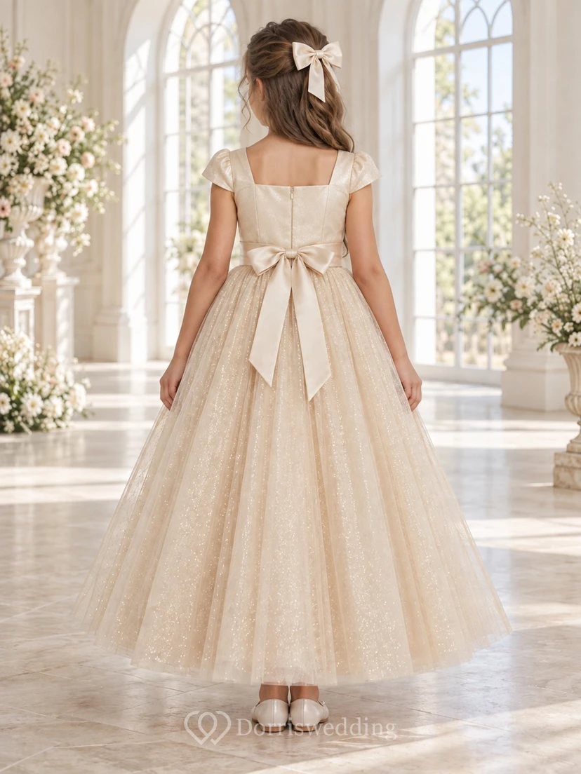 Square-Neck Champagne A-line Tulle Cap-sleeve Ankle-length Sparkling Bow-back Flower Girl Dress view 2