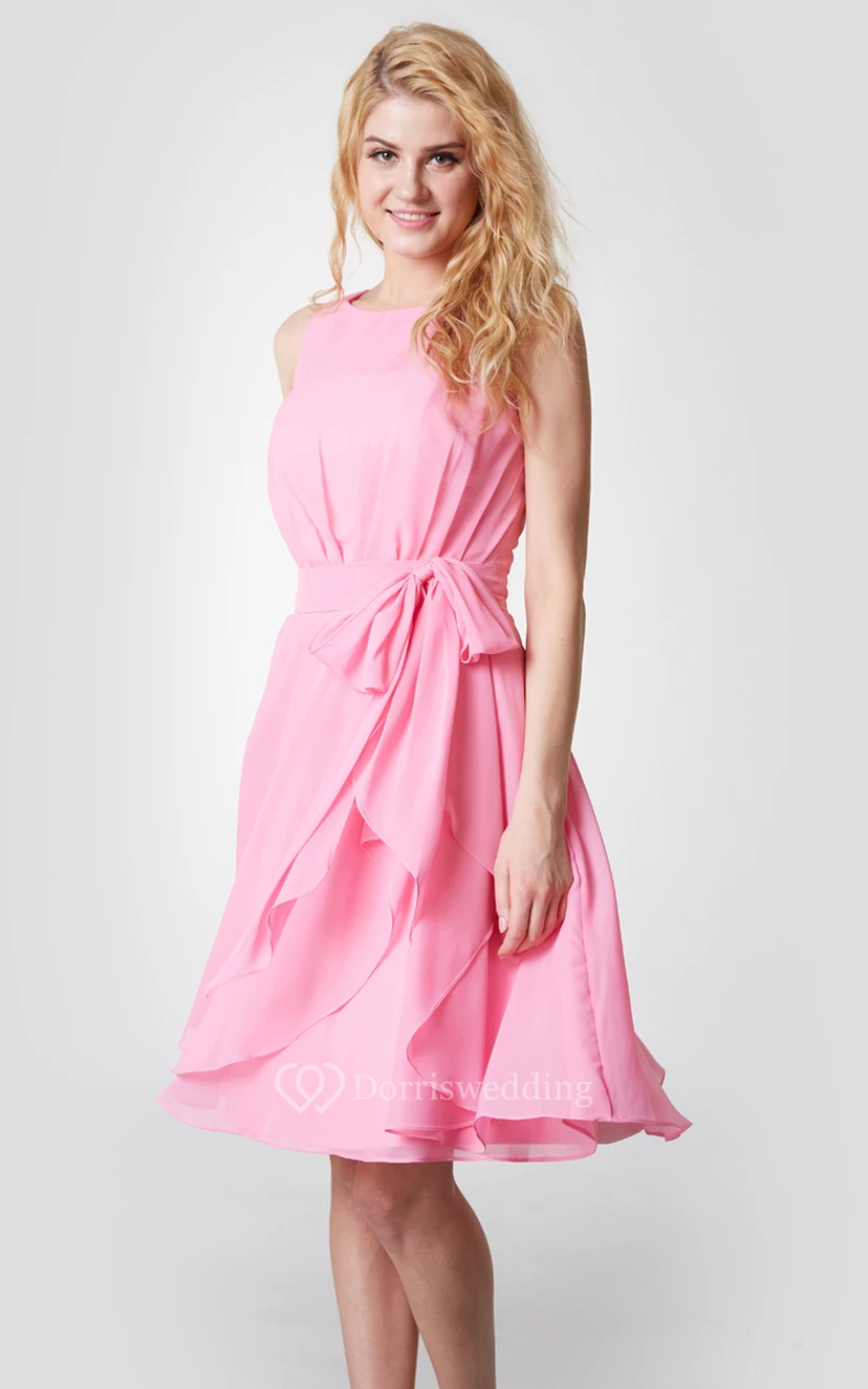 Feminine a Line Bateau Knee Length Chiffon Dress With Sash view 2