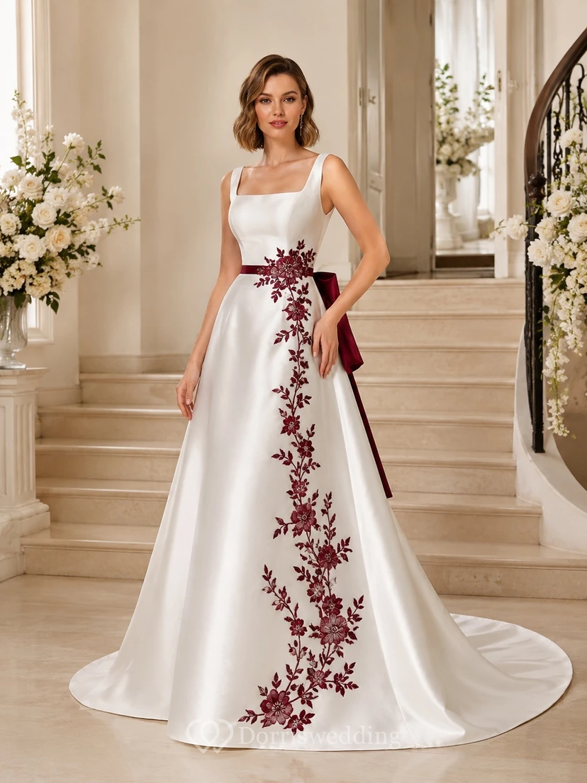 Burgunderfarbenes, mit Bändern besetztes Brautkleid in A-Linie, ärmellos, Kapellenschleppe, modern und elegant