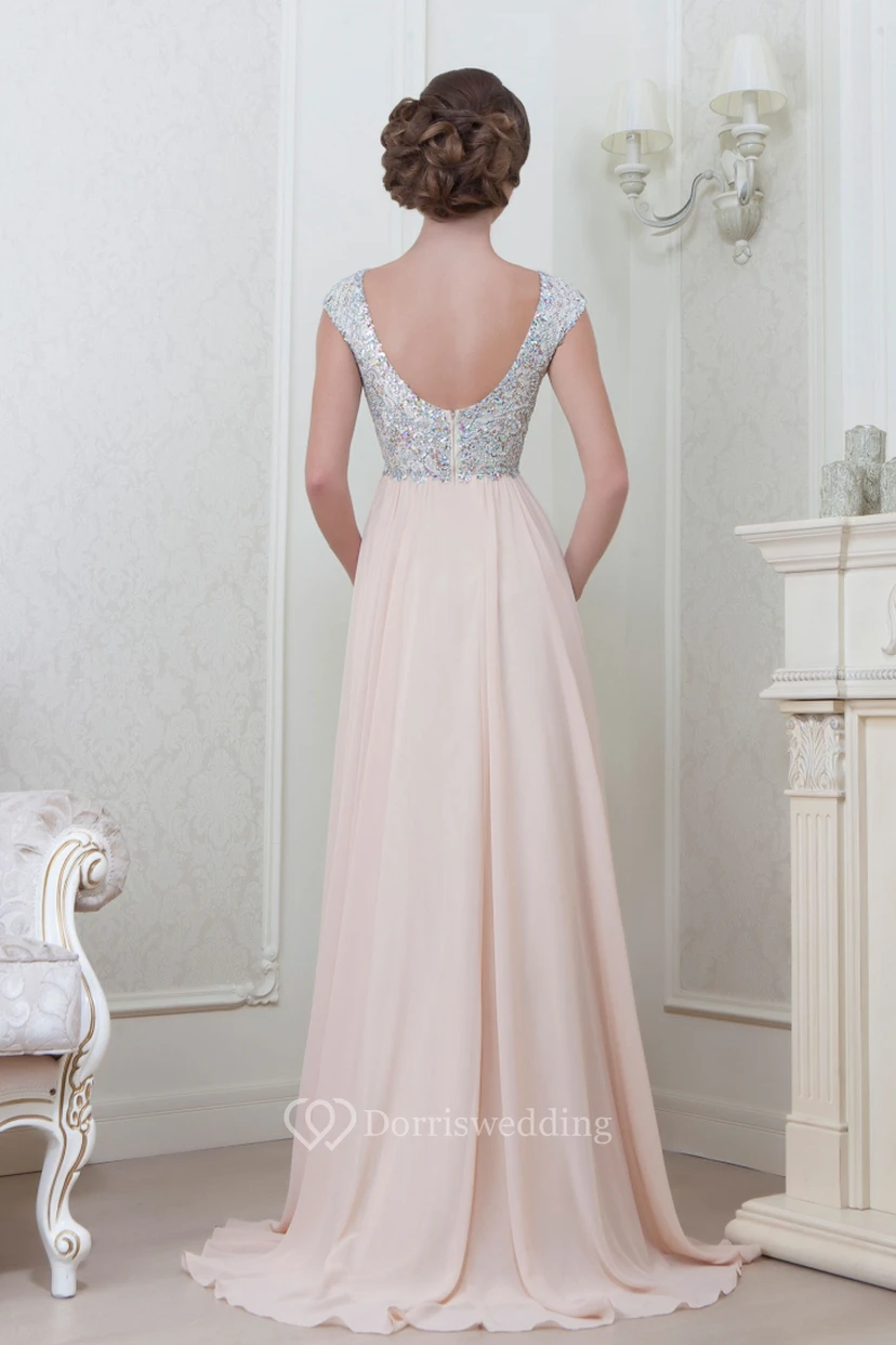 A-Line Cap-Sleeve Empire V-Neck Floor-Length Beaded Chiffon Evening Dress With Pleats view 2