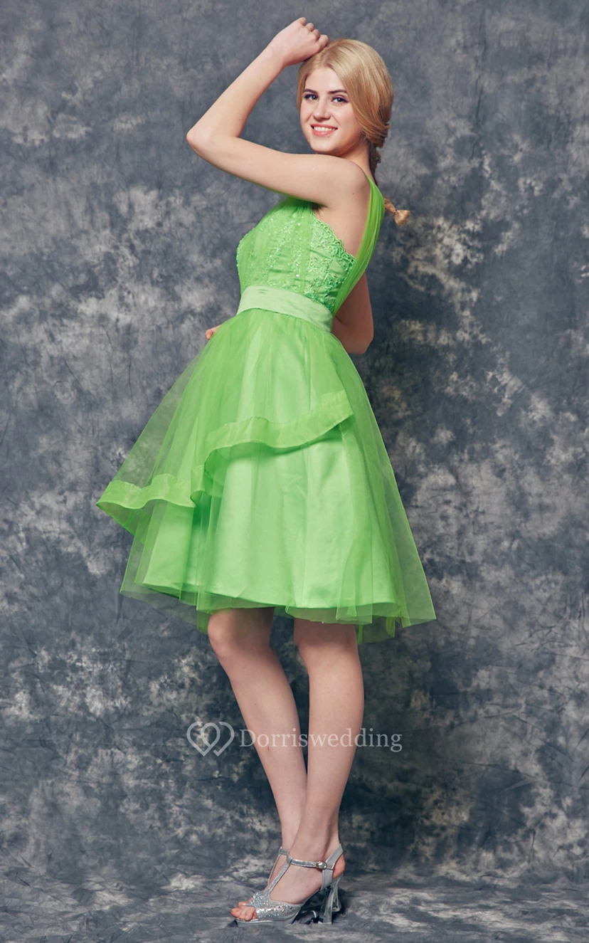 One Shoulder Appliqued Short Tulle Dress With Tiers view 2
