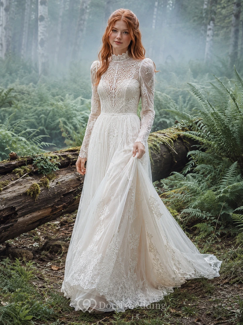 Robe de mariée bohème forêt à col montant et manches en dentelle pour une fugue amoureuse