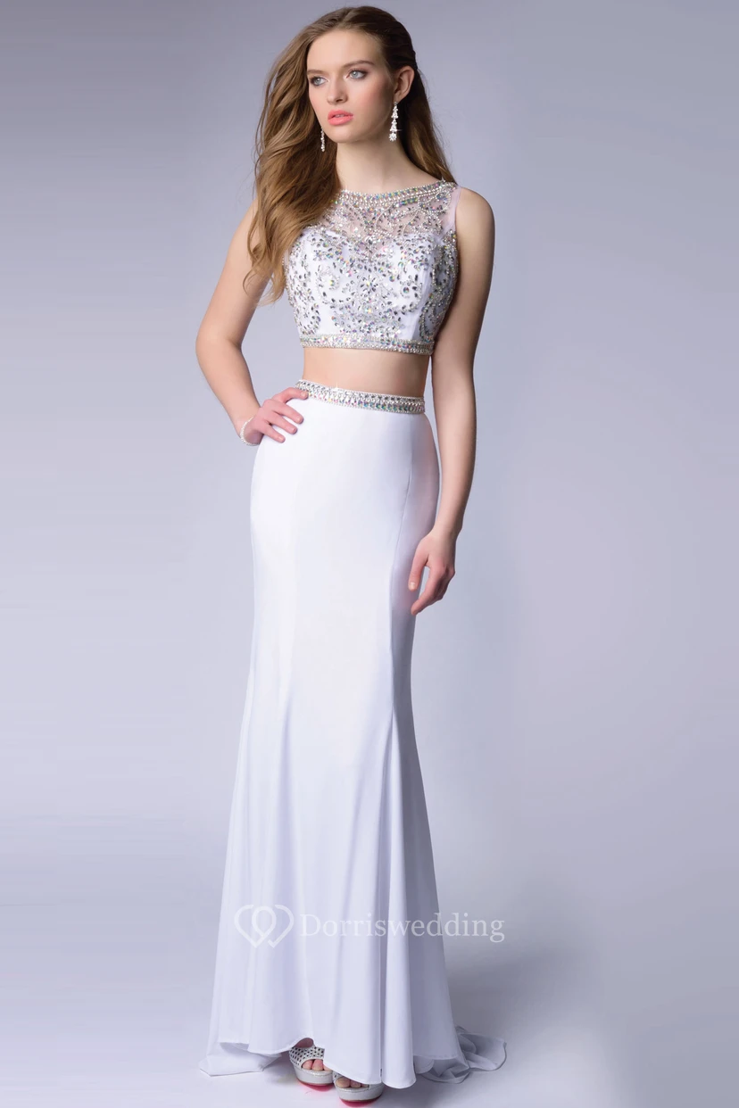Two Piece Sleeveless Chiffon Homecoming Dress Featuring Glimmering Bodice