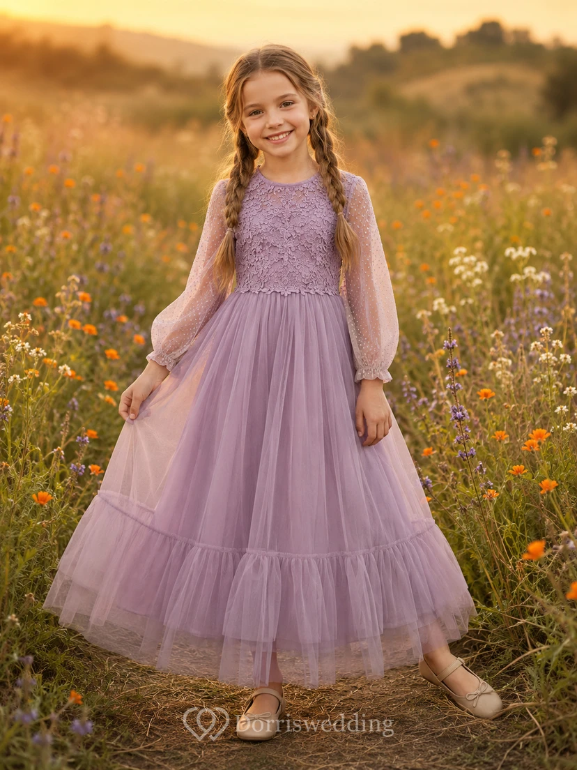 Lavendelfarbenes, langärmeliges Tüll-Blumenmädchenkleid