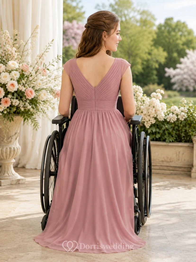 Perlmuttrosa Brautjungfernkleid, A-Linie, V-Ausschnitt, kurze Ärmel, Chiffon, schlicht view 2