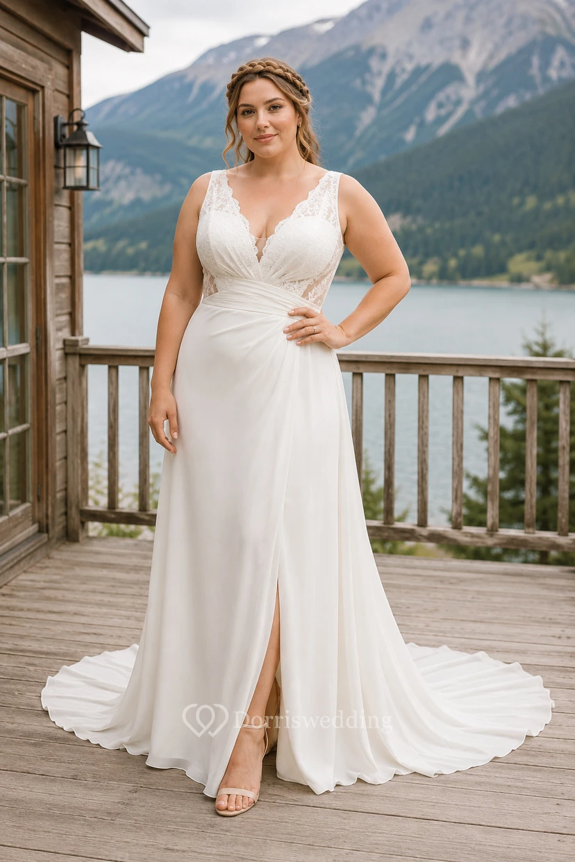 Robe de mariée de plage grande taille, simple, en mousseline, col V, coupe trapèze, avec fente.