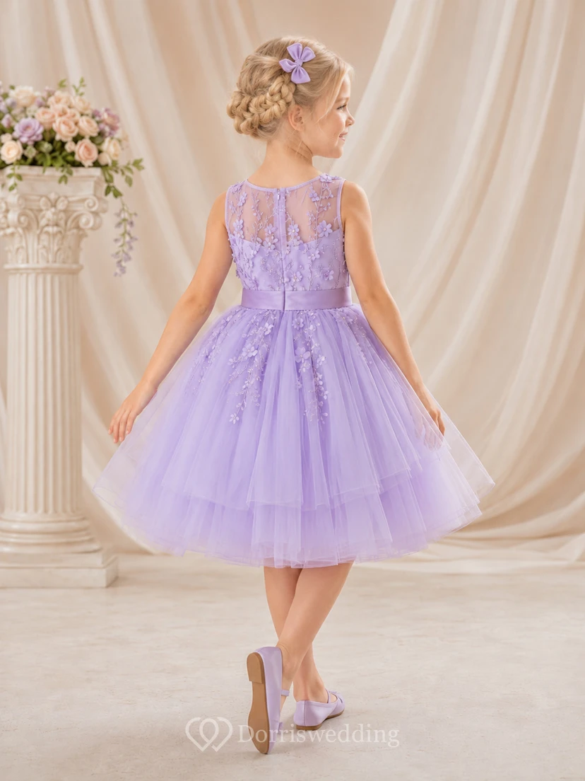 Lilac Illusion Neck Tea-Length A-Line Flower Girl Dress with Floral Applique Bodice, Satin Waist and Layered Tulle view 2