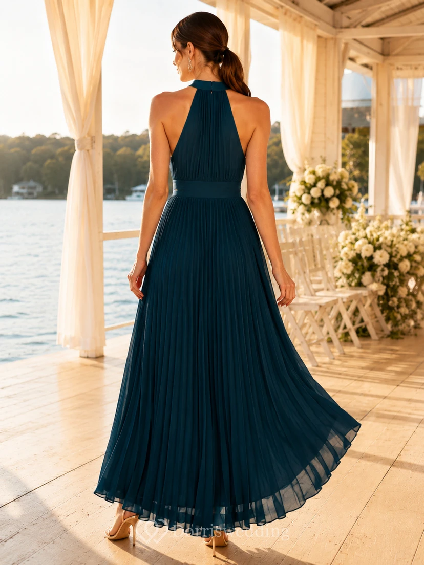 Peacock Halter Neck Pleated Chiffon High Low Guest Dress view 2