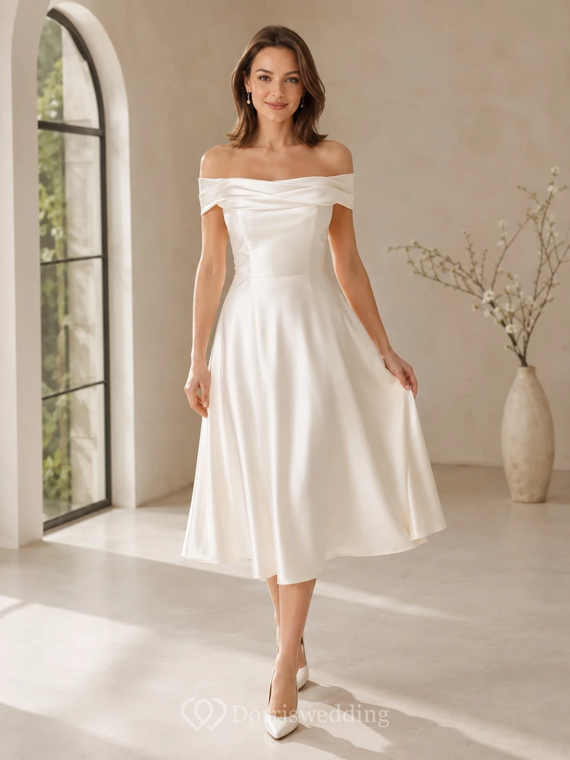 Modernes standesamtliches Brautkleid aus Satin in A-Linie, schulterfrei, wadenlang